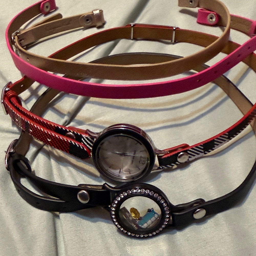Origami Owl Silver Watch w/ Black & Red Strap.Also pink, gold & black strap.